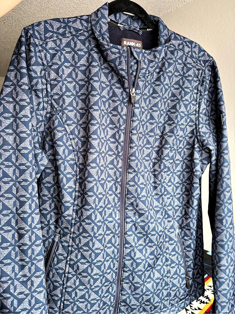 Rank 45  women’s Geometric Zip Jacket in Blue & White Like New